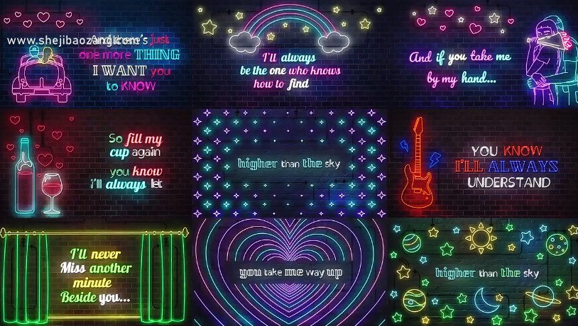 AE模板-Neon Lyrics Template创意时尚霓虹发光图形文字歌词模板动画