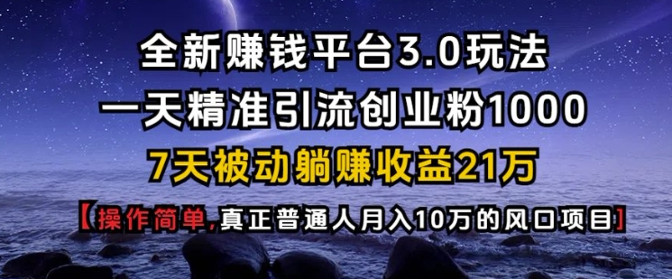 全新赚钱平台3.0玩法一天精准引流创业粉1000.7天被动躺Z收益21W【仅揭秘】-精品资源站