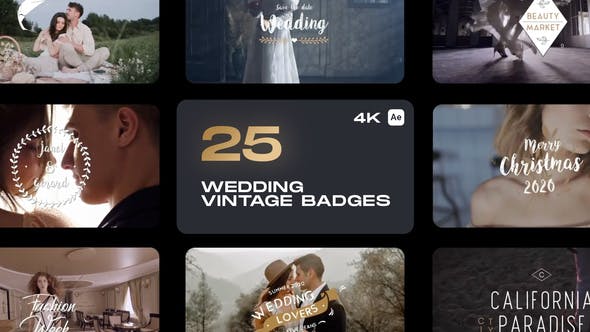 AE模板-25个复古浪漫爱情婚礼文字标题动画 Wedding Vintage Badges-精品资源站