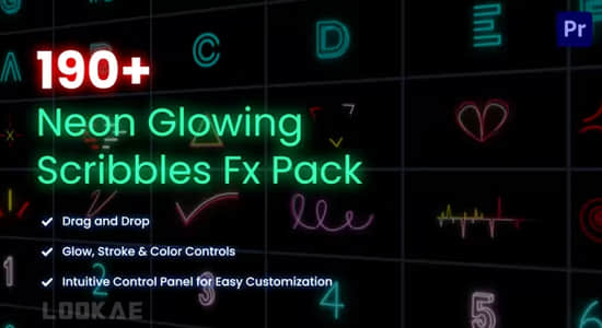 AE/PR模板-190种霓虹发光线条涂鸦图形字符预设包 Neon Glowing Scribble Typeface Pack-精品资源站