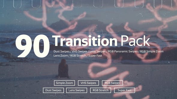 PR模板-90种VHS复古缩放冲击扭曲移动无缝视频转场 Transition Pack + 原版音乐-精品资源站