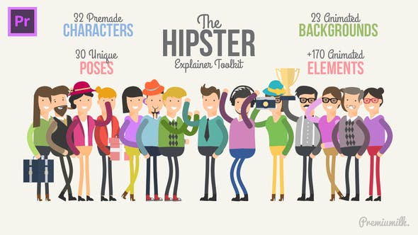 PR模板-时髦二维卡通人物动作场景介绍图标MG动画包 Hipster Explainer Toolkit Essential Graphics-精品资源站