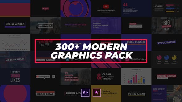 AE/PR预设模板-300种现代时尚设计文字标题字幕条排版动画 300+ Modern Graphics Pack-精品资源站