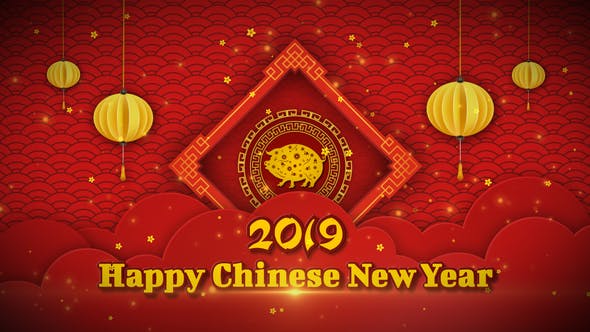 AE模板-红色剪纸风格粒子灯笼LOGO标志中国新年片头 Chinese New Year 2019-精品资源站