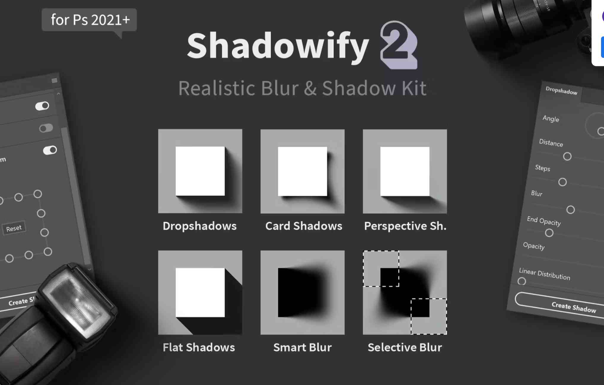 PS插件 模拟真实投影拖尾阴影工具 Shadowify 2 – Realistic Blur & Shadow Kit