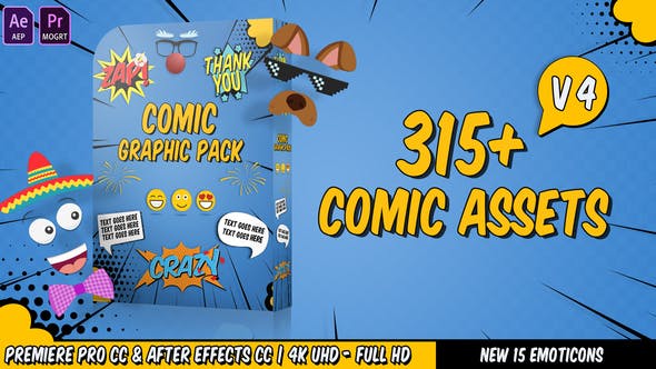 AE模板+PR预设-315个动漫卡通综艺表情贴纸文字图形动画包Comic Graphic Pack V4-精品资源站