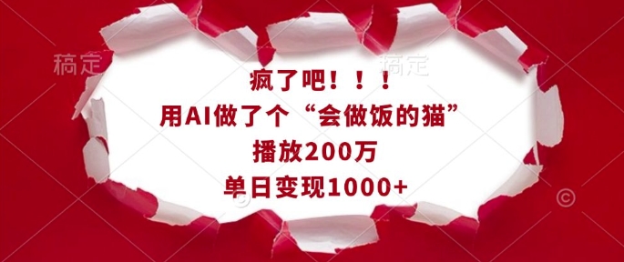 疯了吧！用AI做了个“会做饭的猫”，播放200万，单日变现1k-精品资源站