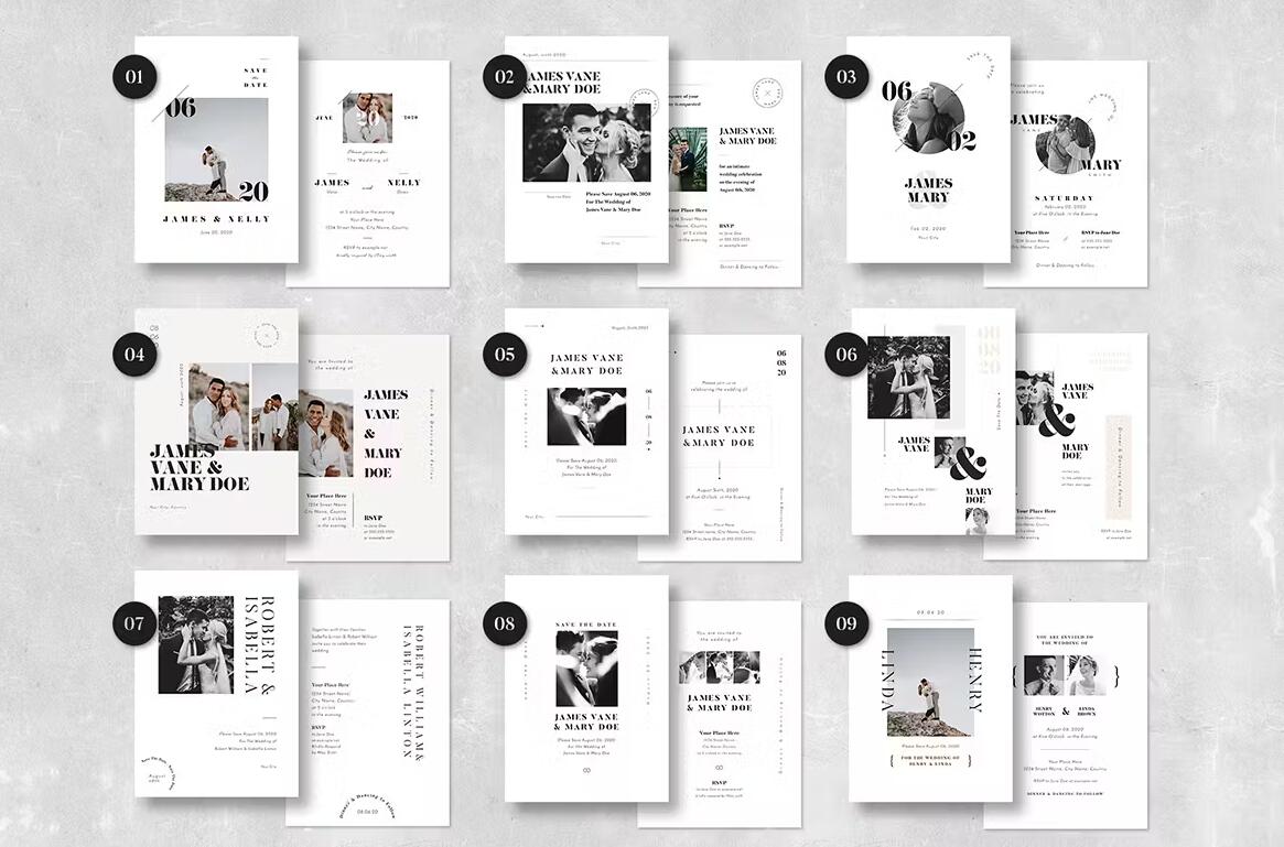 PSD/AI模板 15套简约干净婚礼邀请函卡片设计素材 15 Wedding Invitation Bundle