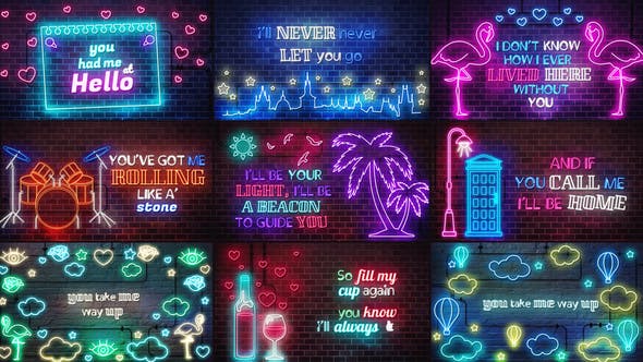 AE模板-创意时尚霓虹发光图形文字歌词模板动画 Neon Lyrics Template-精品资源站