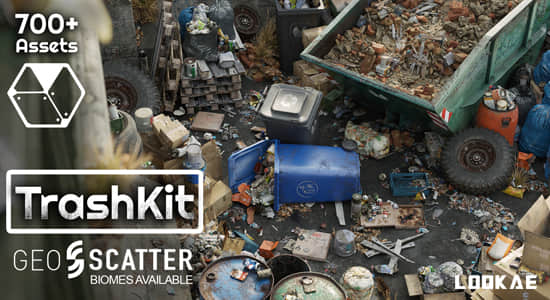 Blender插件-700种垃圾堆废品纸箱瓶子塑料袋罐子3D模型资产预设库 Trash Kit – 3D Assetkit-精品资源站
