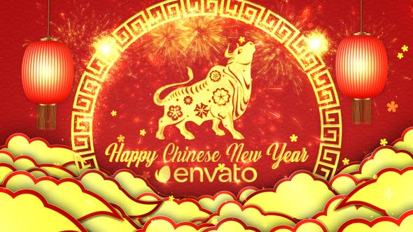 AE模板-2021中国新年春节过年红色喜庆剪纸牛年开场片头-精品资源站