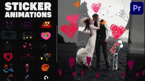 PR模板-25个手绘卡通浪漫爱情贴纸图形动画 Love Lyric Animations 02-精品资源站