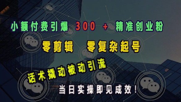 小额付费引爆 300 + 精准创业粉，零剪辑、零复杂起号，话术撬动被动引流，当日实操即见成效-精品资源站