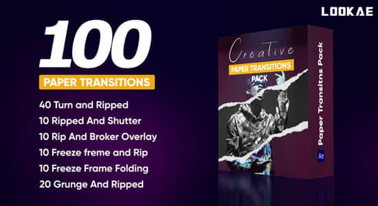 AE模板-100组创意褶皱纸张撕裂拼贴视频转场过渡预设 Creative Paper Transitions Pack-精品资源站