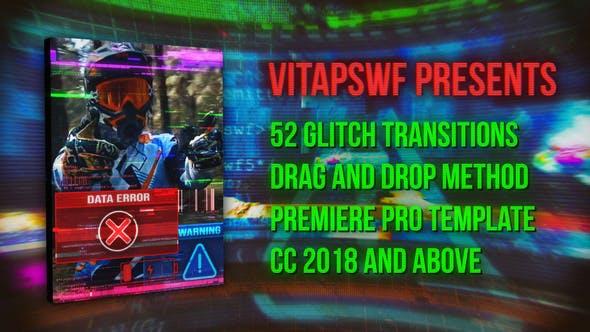 PR模板-52种赛博朋克故障干扰转场预设 Drag and Drop Glitch Transitions-精品资源站