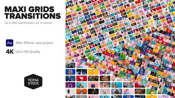 AE模板-众多图像网格照片墙展示转场过渡效果 Maxi Grid Transitions Video Wall 4K-精品资源站