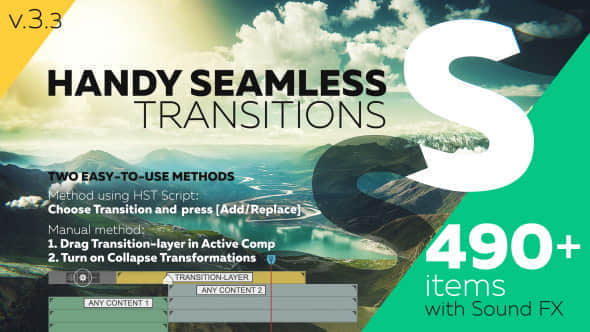 AE脚本+模板：500种缩放冲击移动模糊视觉冲击无缝转场效果 Handy Seamless Transitions | Pack & Script V3.3.2 + 使用教程-精品资源站