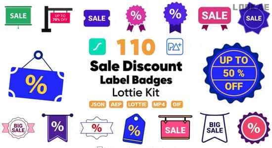AE模板-110组宣传促销打折徽章标签矢量图形动画 Sale Discount Label Lottie Badges-精品资源站